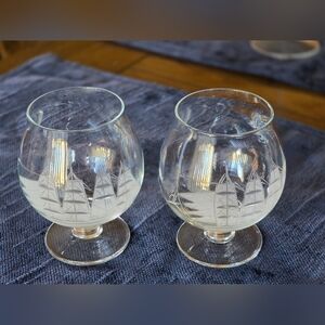 Vintage Etched Clipper Ship Cognac Glasses Set Of 2